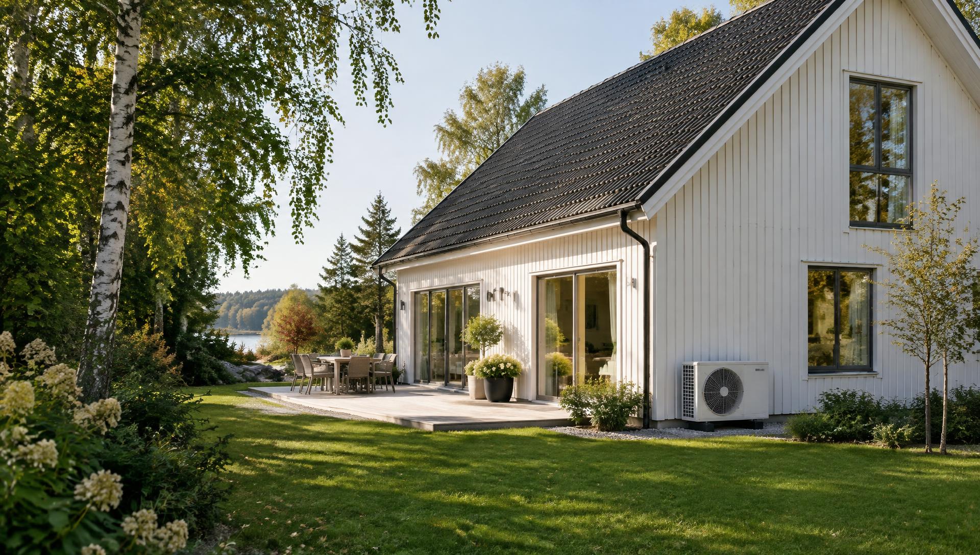 Illustrativ miljöbild av svenskt hus med luftvärmepump i Flen